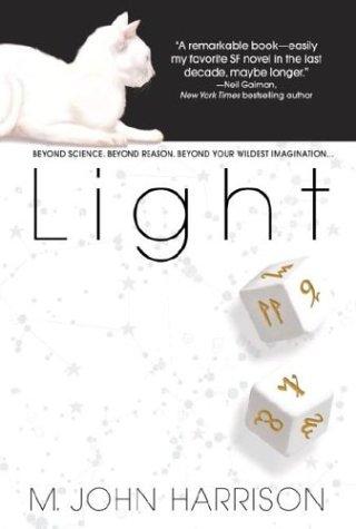 Cover of Light by M. John Harrison, showing an abstract nebula-like image in blue and orange tones