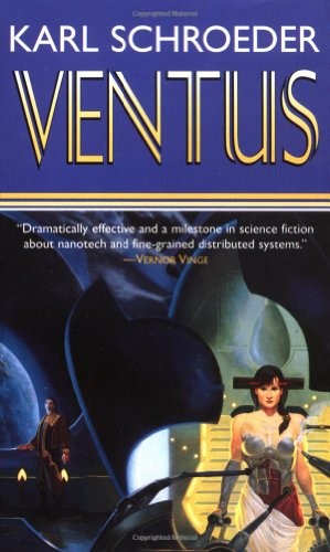 Cover of the Tor paperback edition of Ventus by Karl Schroeder, showing a stylized planetary landscape under a wide sky