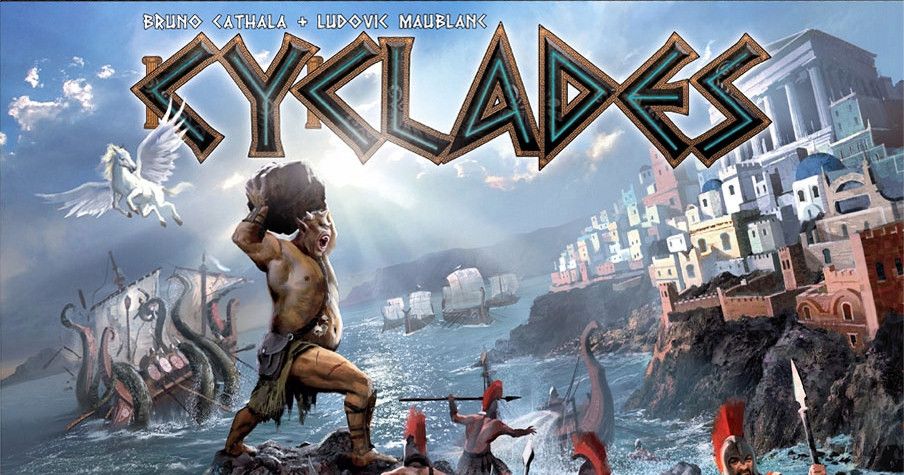 Box art for Cyclades showing Greek mythological figures and warships against an ancient Mediterranean seascape