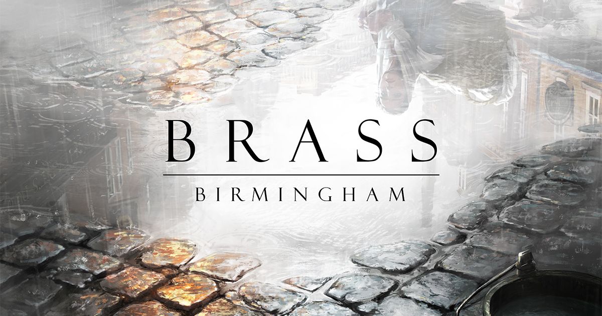 Box art for Brass: Birmingham showing an industrial-era canal town with factories, coal carts, and a steam-age color palette